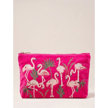 Elizabeth Scarlett Flamingos Pink Embroidered Velvet Pouch - Pink