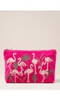 Elizabeth Scarlett Pink Flamingos Pink Embroidered Velvet Pouch  