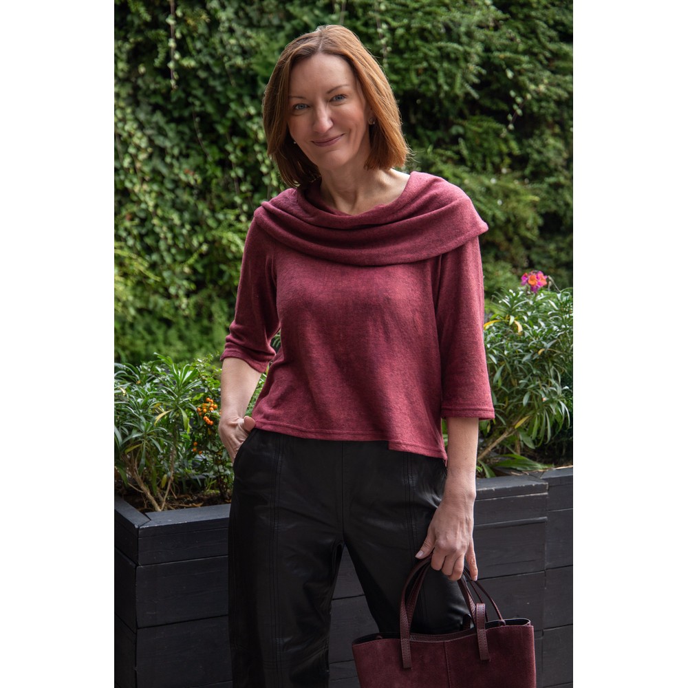 Thing Yana Wine Cowl Neck Soft Knit Boxy Top Wine