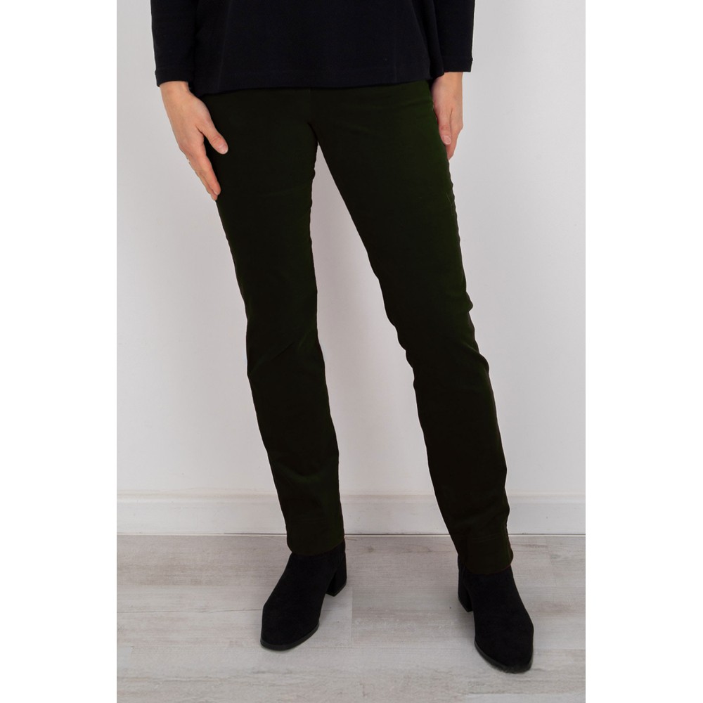 Robell Marie Green Stretch Cotton Velvet Full Length Trouser Dark Green 89