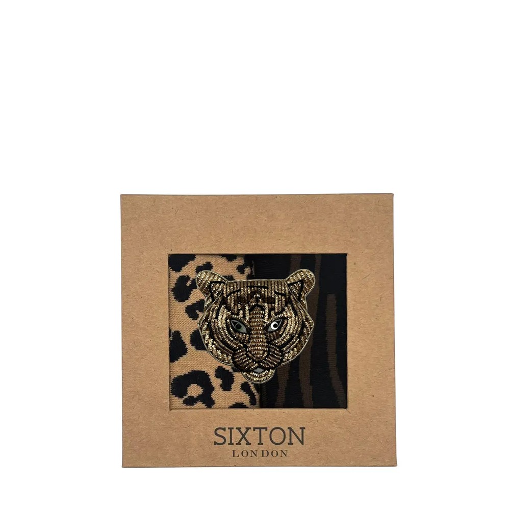 Sixton London Sand Tigerhead Embroidered Brooch Sock Box Sand Leopard & Savannah
