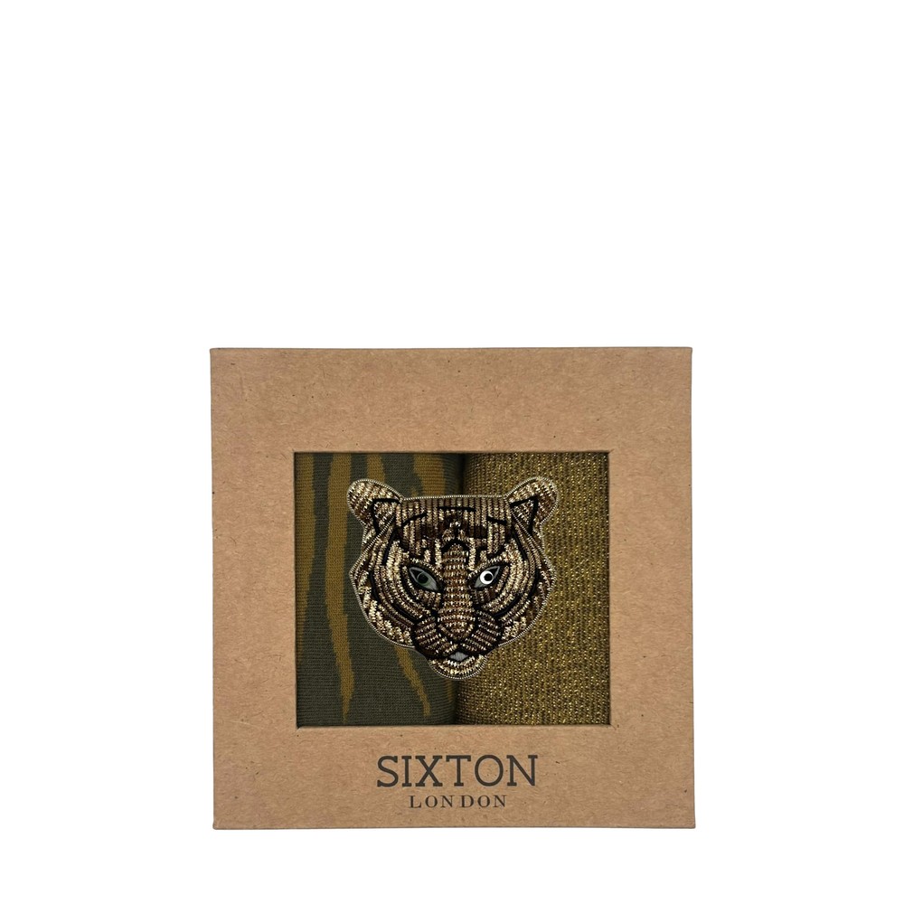 Sixton London Olive Tigerhead Embroidered Brooch Sock Box Ivy Savannah & Olive Tokyo
