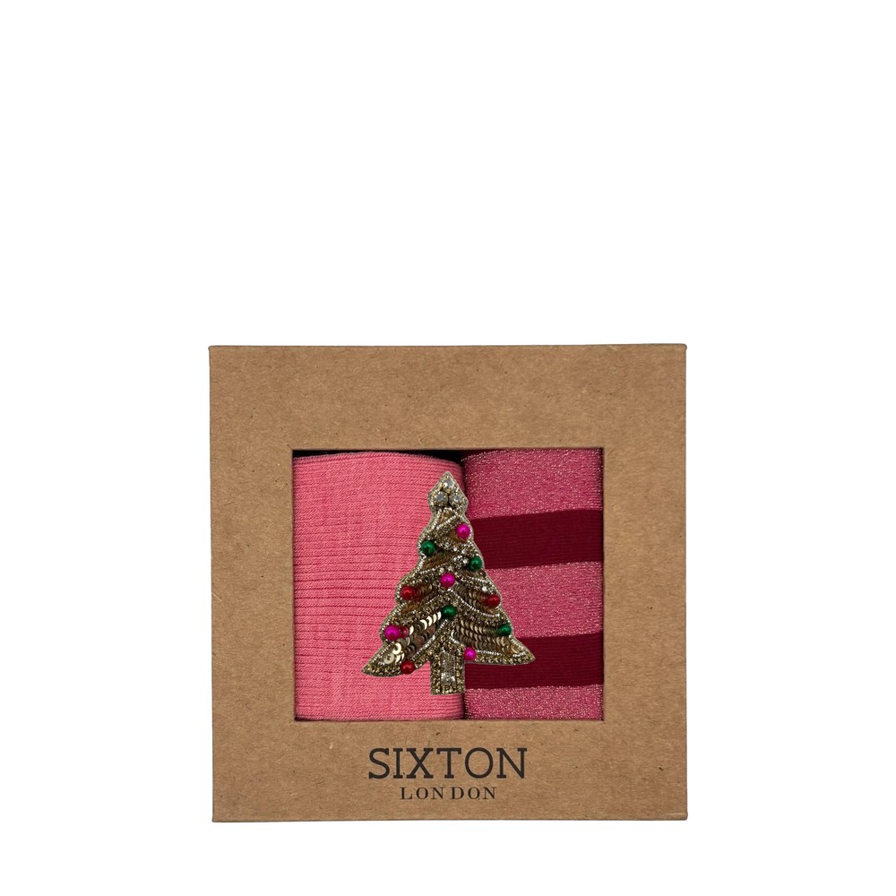 Sixton London Christmas Tree Brooch Pink Sock Box Pink Barcelona & Red Berlin