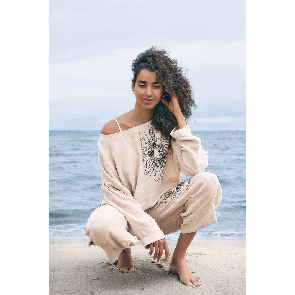 NOEN Embroidered Floral Linen Top Sand 14