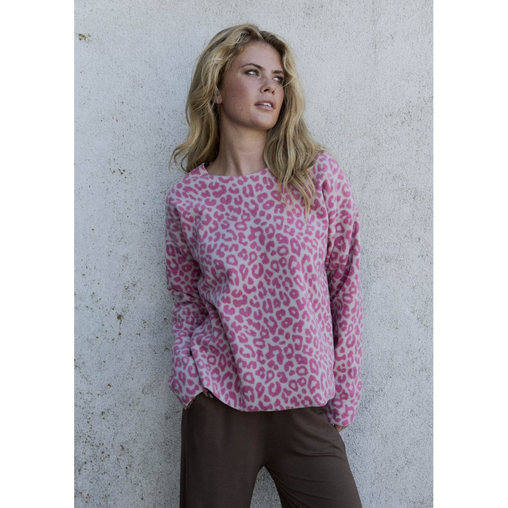 Henriette Steffensen Classic Round Neck Pink Leopard Print Fleece Blouse Pink Leopard