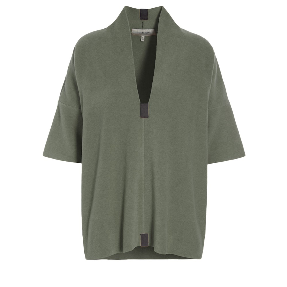 Henriette Steffensen V Neck Short Sleeve Dusty Green Fleece Pullover Dusty Green