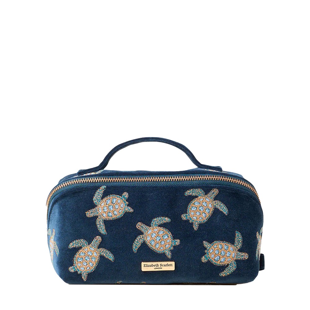 Elizabeth Scarlett Turtle Conservation Velvet Open Flat Makeup Bag Turtle Conservation Marine Navy