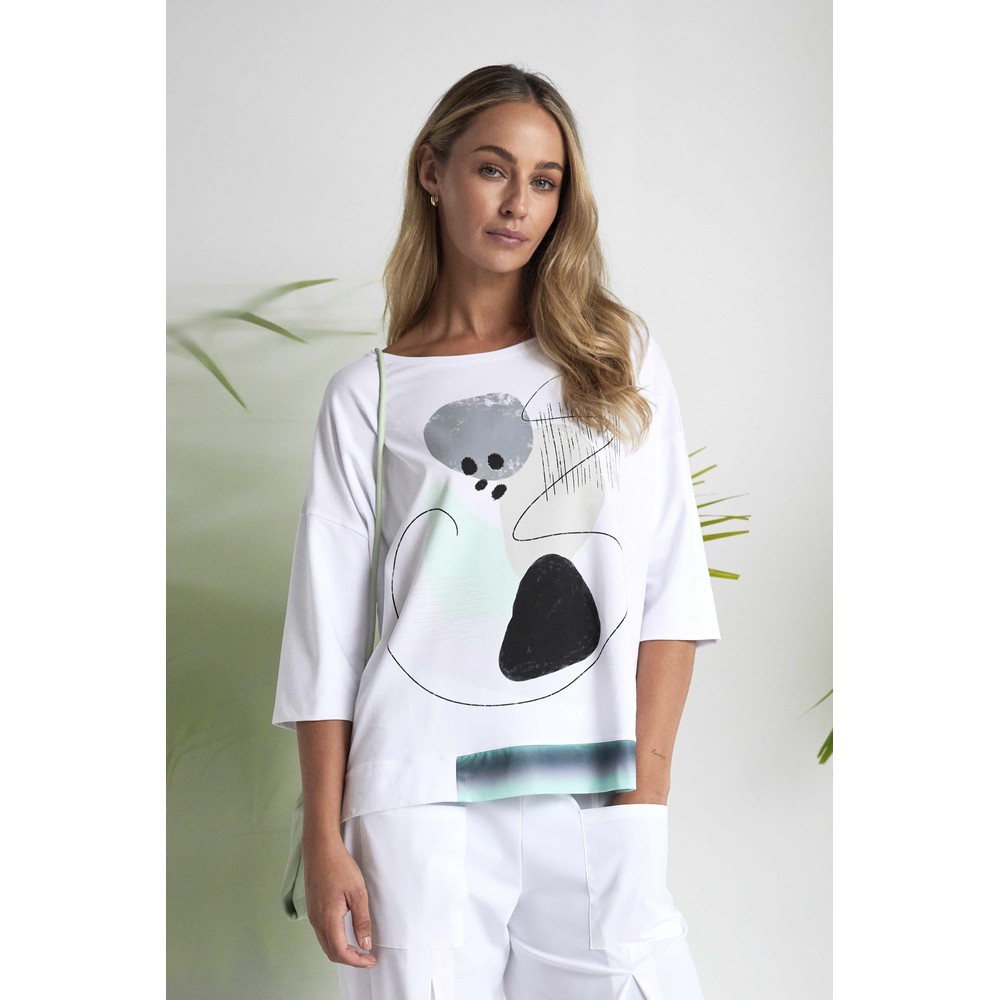 Naya Naya White And Mint Print Contrast Hem Top White / Mint