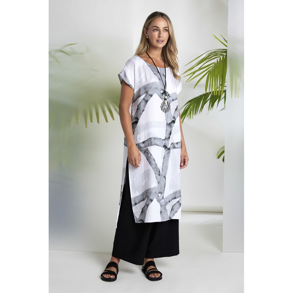 Naya Naya Marbled Ribbon Print Tunic Dress White / Granite