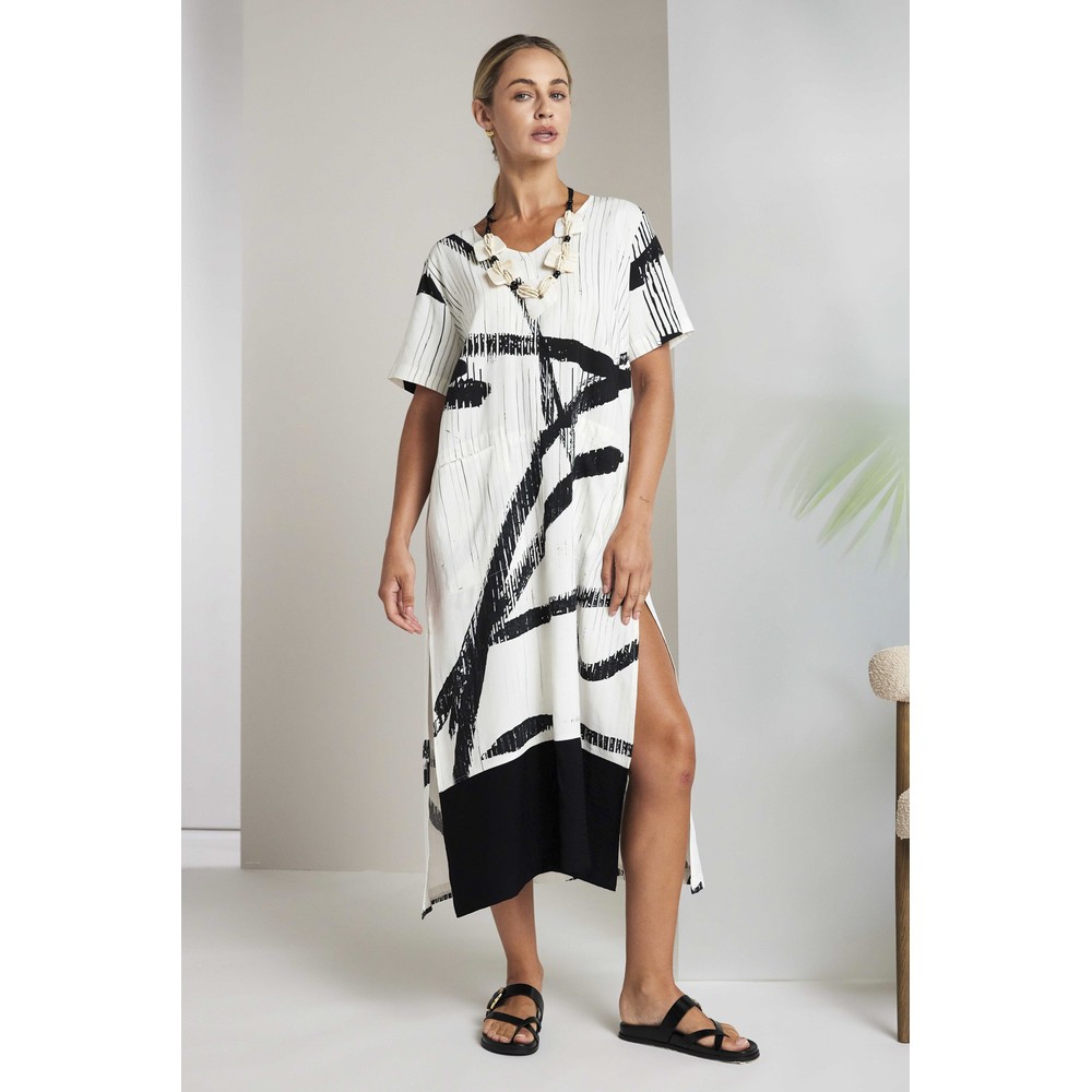 Naya Naya Brush Stroke Print Dress Cream / Black