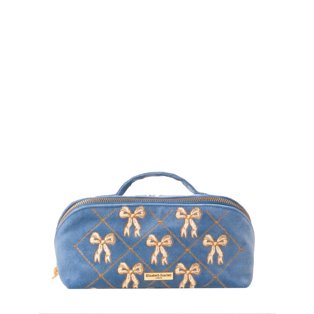 Elizabeth Scarlett Lattice Bows Velvet Open Flat Makeup Bag Lattice Bows Dusky Blue