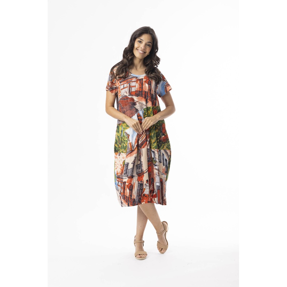 Orientique Bubble Tower Peach Printed Cotton Dress Tower Peach