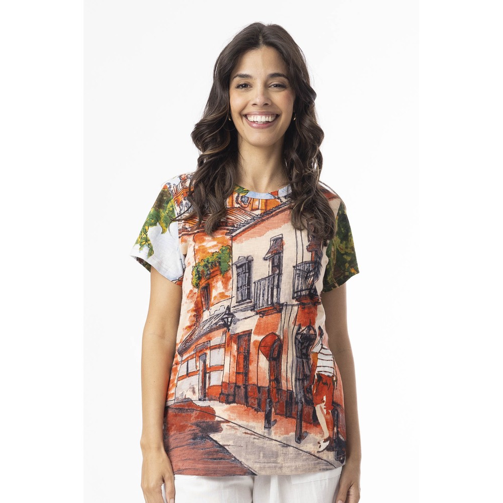 Orientique Tower Peach Print Basic Crew T-Shirt Tower Peach