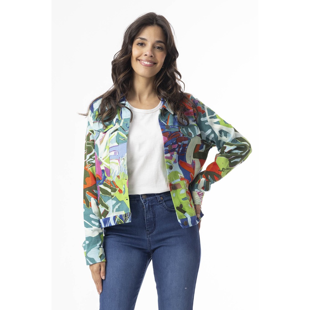 Orientique Print Ponte Jacket Leaves Blue