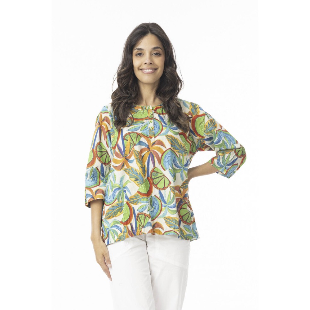 Orientique Curacao Print Frill Neckline Top Curacao