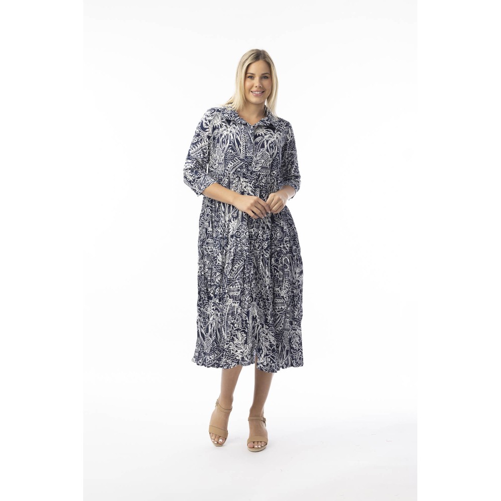 Orientique Aksharay Navy Print Collar Midi Dress Aksharay Navy