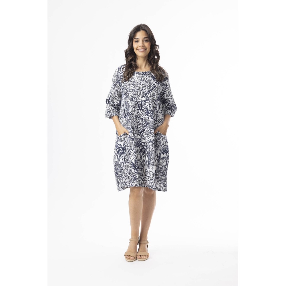 Orientique Aksharay Navy Print Dress Aksharay Navy
