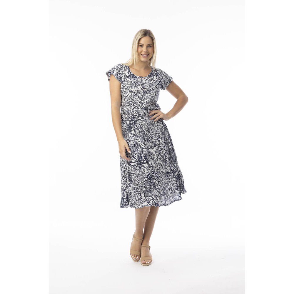 Orientique Aksharay Navy Print Pockets Dress Aksharay Navy