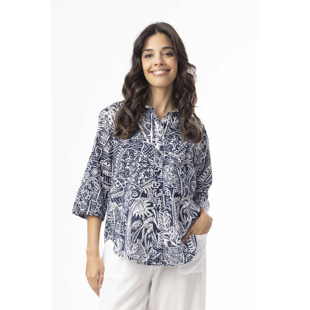 Orientique Aksharay Navy Print Shirt Aksharay Navy