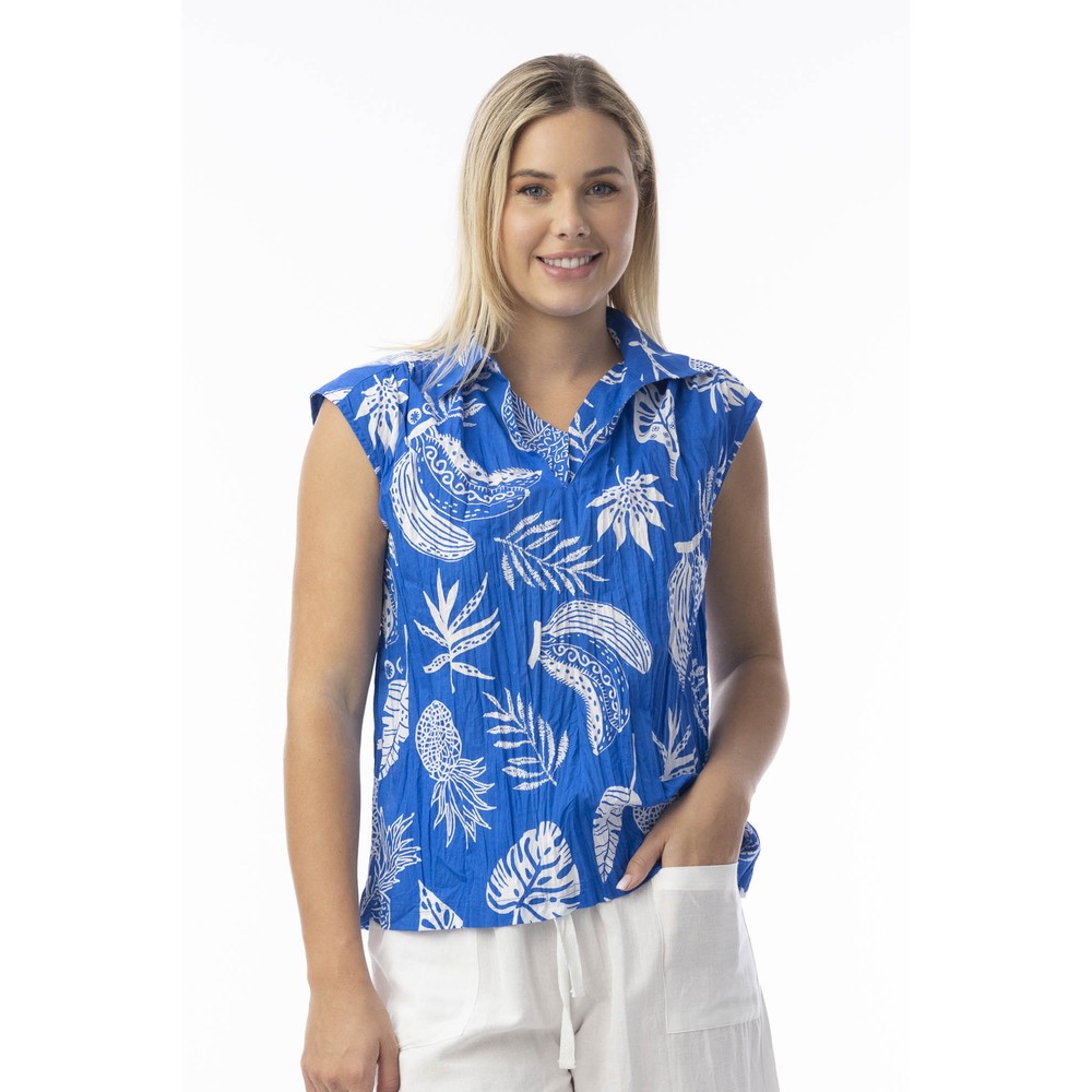 Orientique Comodoro Blue Print Collar Top Blue