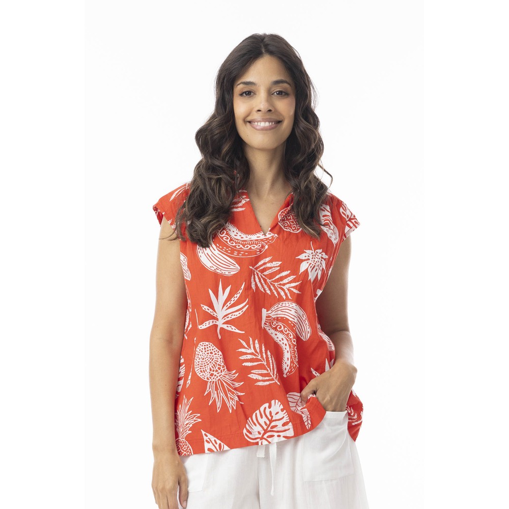 Orientique Comodoro Red Print Collar Top Red