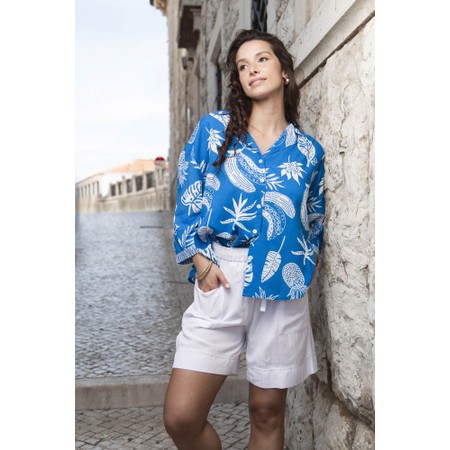 Orientique Comodoro Blue Print LS Collar Top - Blue