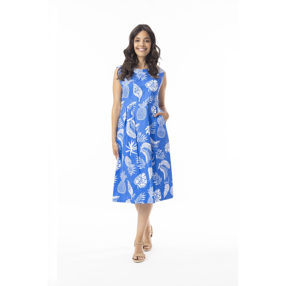 Orientique Comodoro Blue Print Pleated Dress Blue