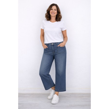 Robell Debby 09 Mid Wash Denim Crop Wide Leg Front Pocket Jean - Blue