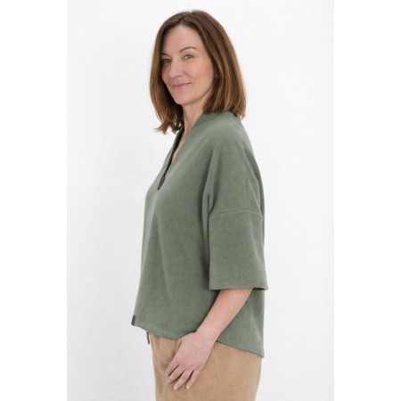 Henriette Steffensen V Neck Short Sleeve Dusty Green Fleece Pullover - Green