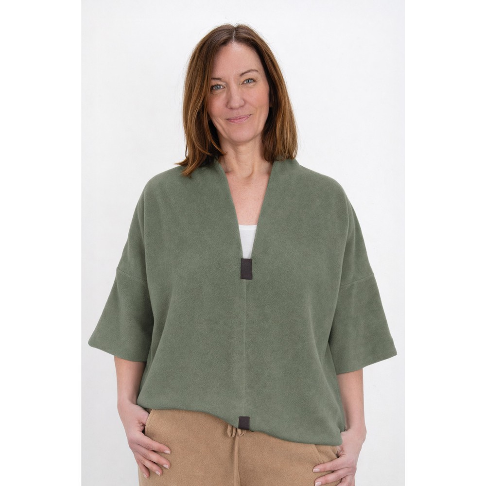 Henriette Steffensen V Neck Short Sleeve Dusty Green Fleece Pullover Dusty Green