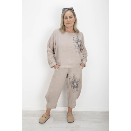 NOEN Embroidered Floral Linen Trouser - Beige