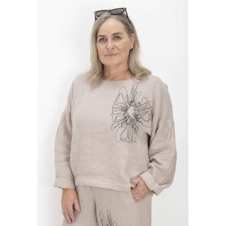NOEN Embroidered Floral Linen Top - Beige
