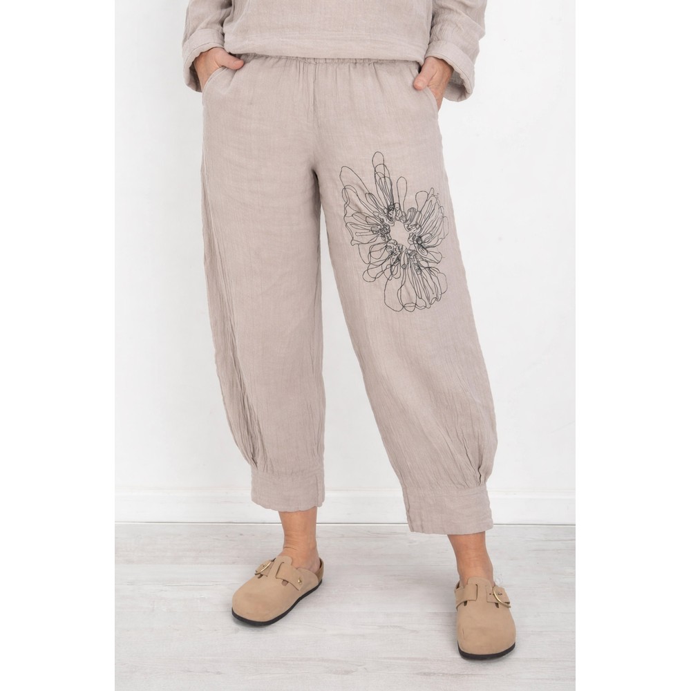 NOEN Embroidered Floral Linen Trouser Sand 14
