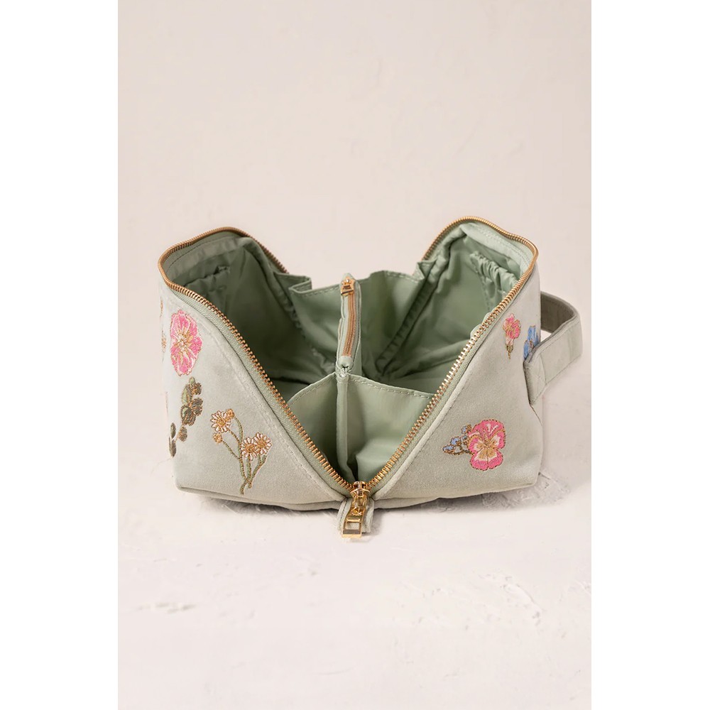 Elizabeth Scarlett Velvet Pressed Flowers Open Flat Makeup Bag Pressed Flowers Sage