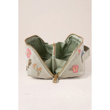 Elizabeth Scarlett Velvet Pressed Flowers Open Flat Makeup Bag - Green