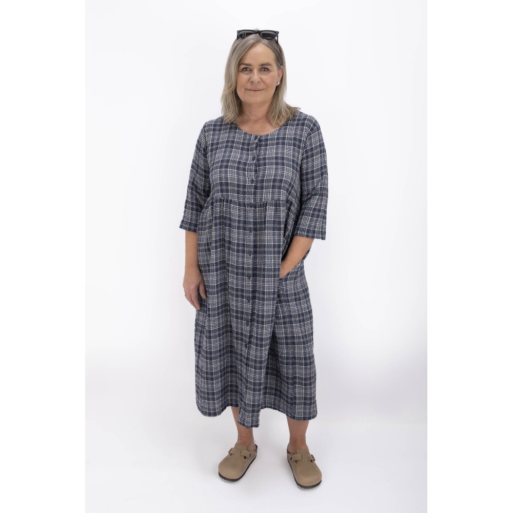Thing Drea Navy Linen Blend Check Dress Navy