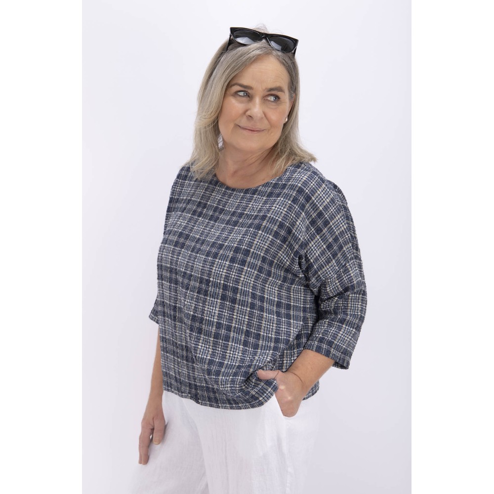 Thing Hanna Navy Linen Blend Check Top Navy