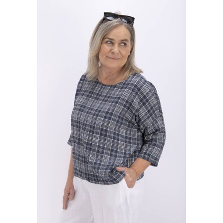 Thing Hanna Navy Linen Blend Check Top - Blue