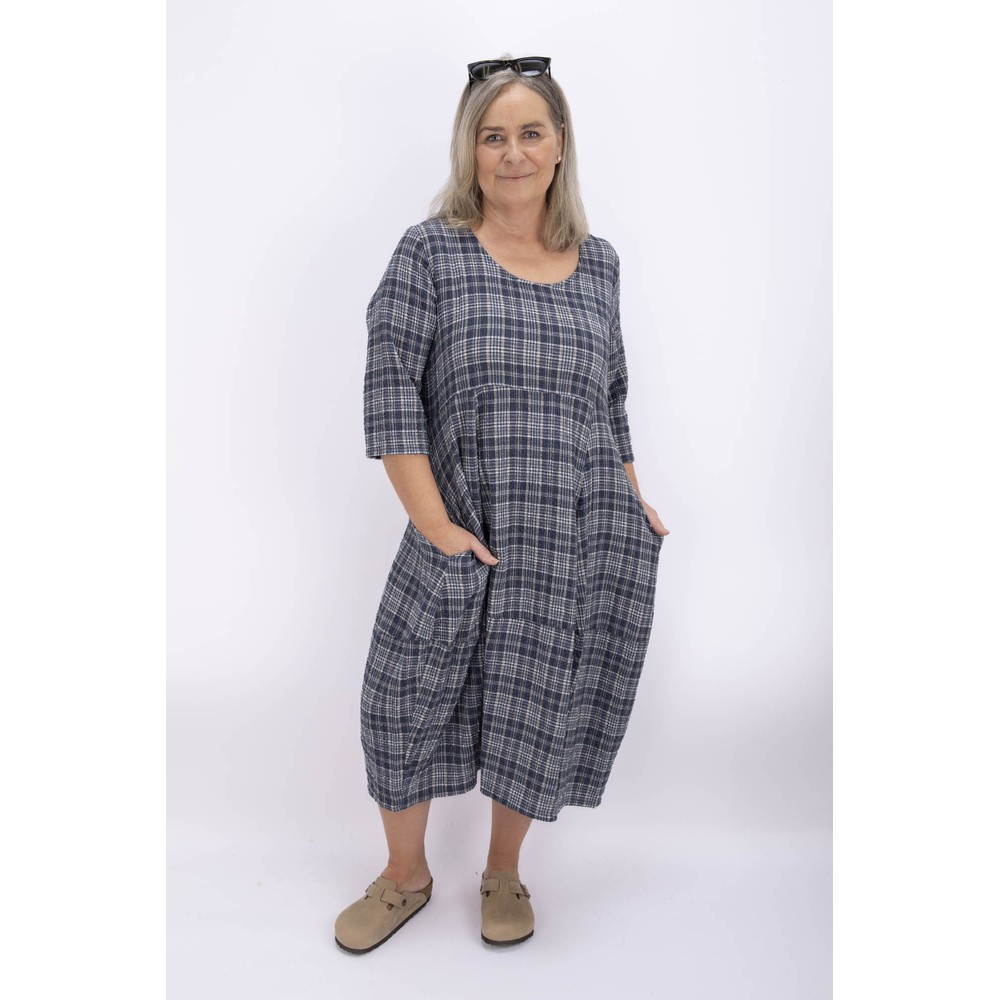 Thing Kreya Linen Blend 3/4 Sleeve Check Dress Navy