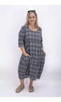 Thing Navy Kreya Linen Blend 3/4 Sleeve Check Dress  