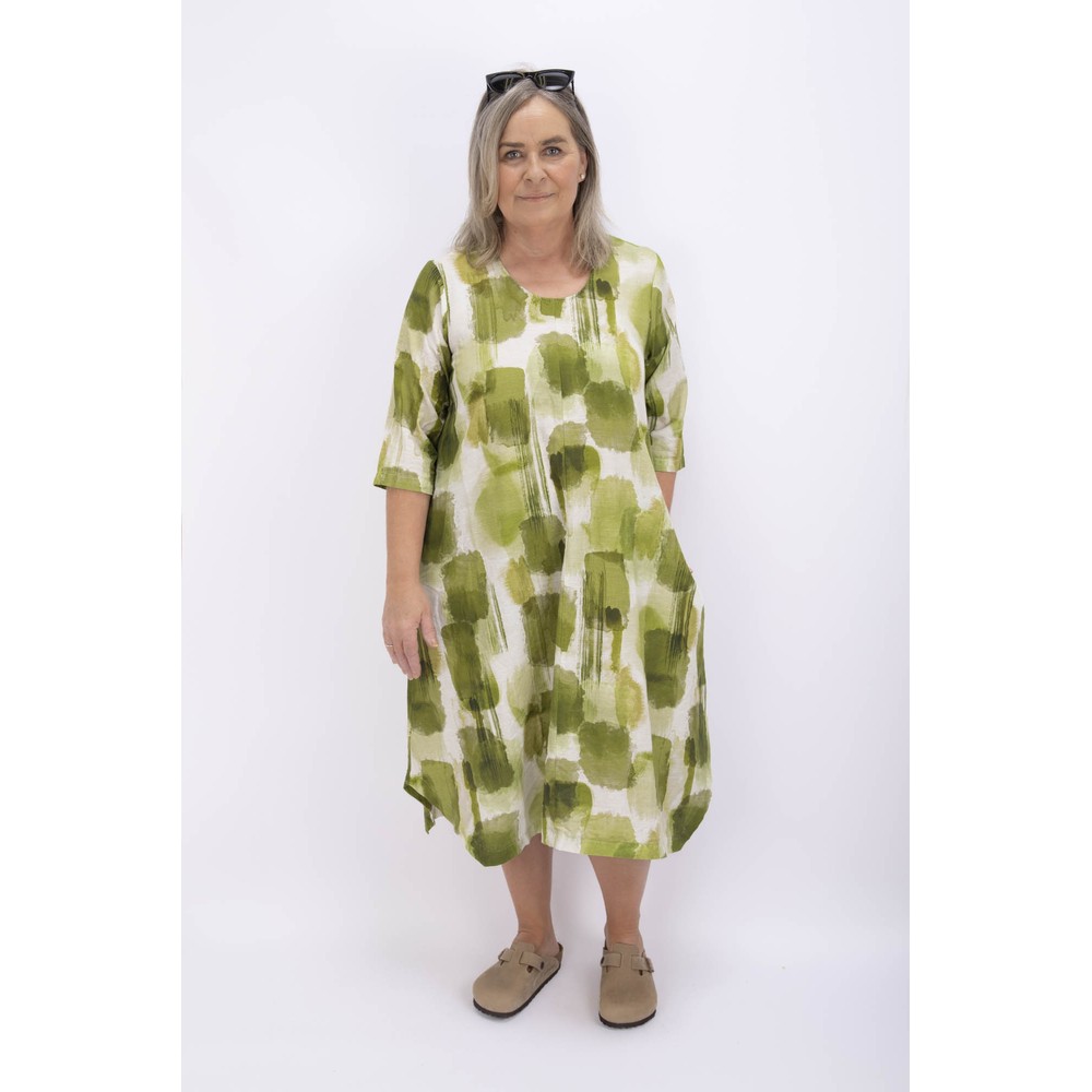 Thing Kyra Linen Blend Olive Print Dress Olive