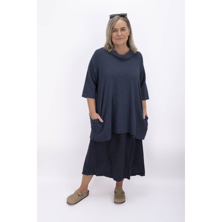 Thing Tora Navy Linen Seersucker Cowl Neck Top - Blue
