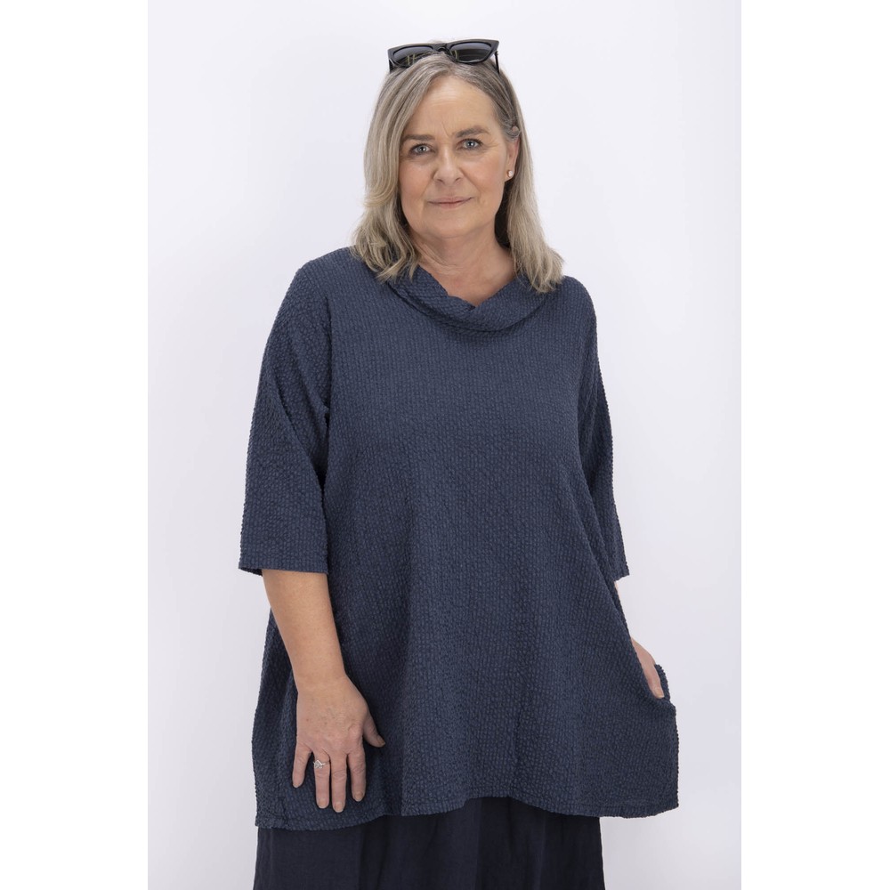 Thing Tora Navy Linen Seersucker Cowl Neck Top Navy