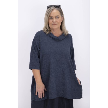 Thing Tora Navy Linen Seersucker Cowl Neck Top - Blue