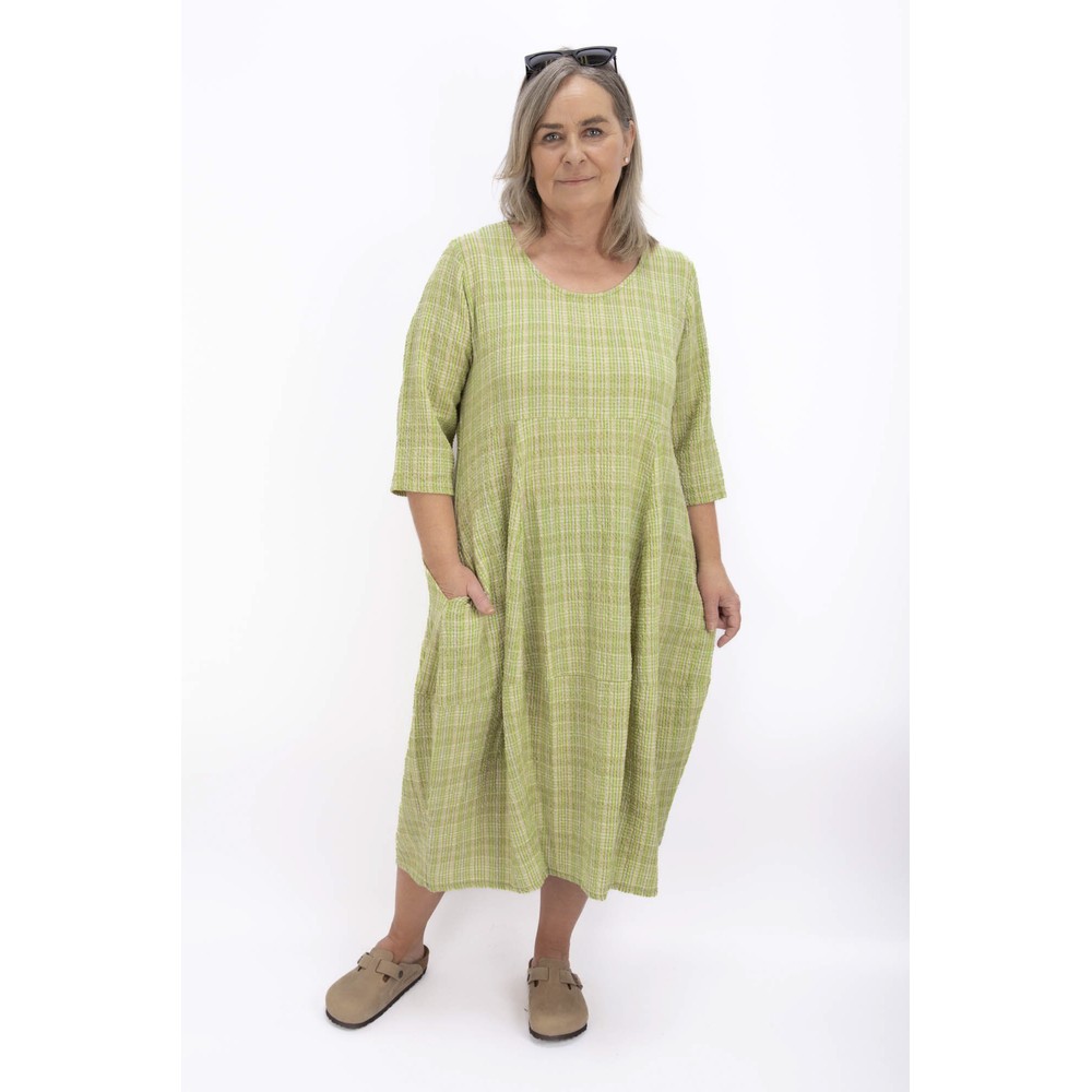 Thing Kreya Linen Blend 3/4 Sleeve Check Dress Olive