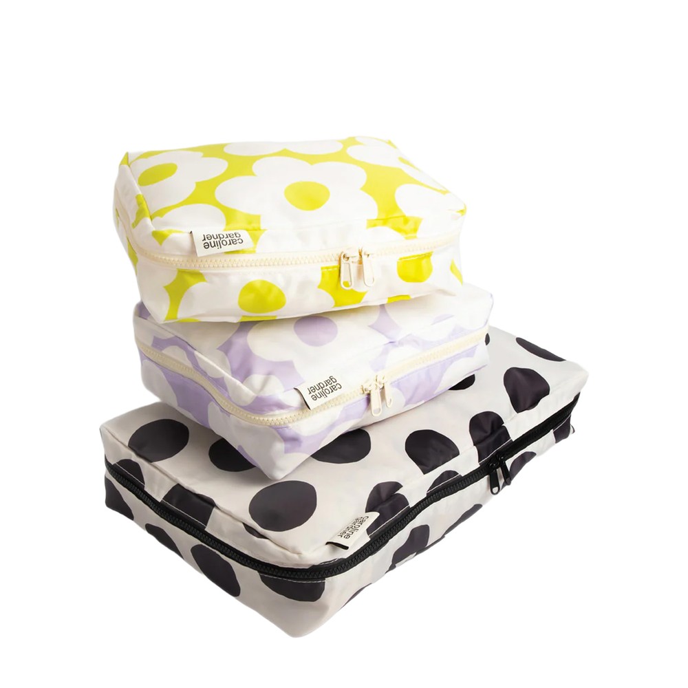 Caroline Gardner Mono Spot & Flowers Set of 3 Packing Cubes Multi