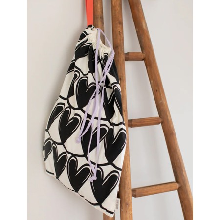 Caroline Gardner Mono Looped Hearts Cotton Drawstring Laundry Bag - Black