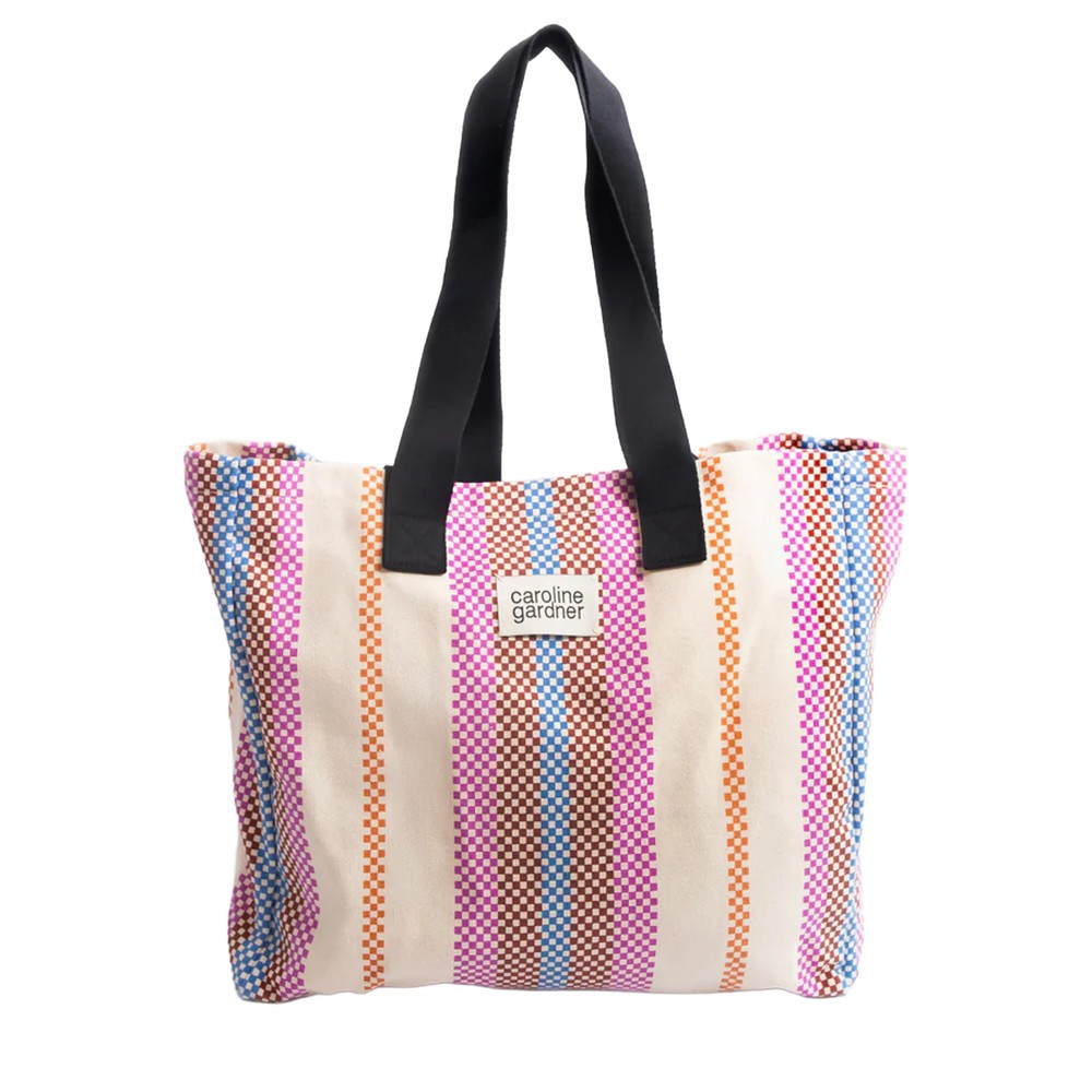 Caroline Gardner Checkerboard Stripe Large Cotton Canvas Tote Bag Multi