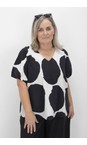 Tirelli Black / White Spot Black And White Print V Neck Bishop Sleeve Poplin Top  