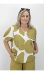 Tirelli Chartreuse / White Spot Chartreuse And White Print V Neck Bishop Sleeve Poplin Top  
